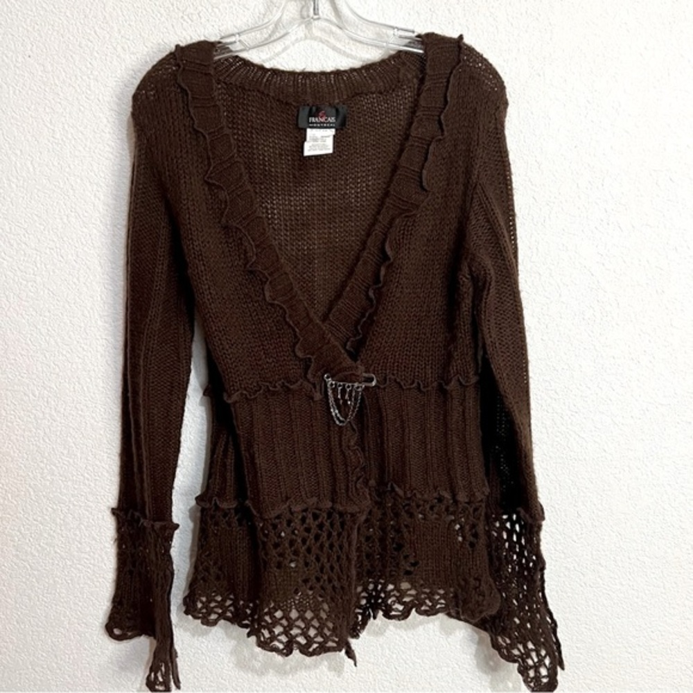 Francis Montreal Such Brown Crochet Front Wrap Whimsical Boho Cardigan Medium